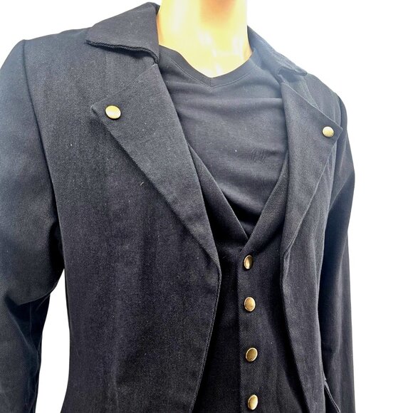 Mens Black Canvas Tailcoat Gothic Victorian Style Jacket Brass Button, Large - Picture 1 of 8